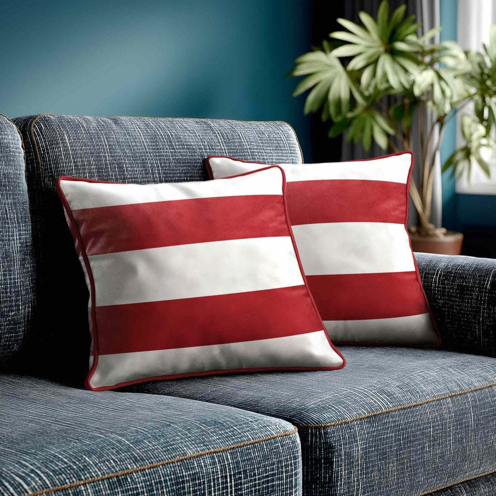 2 Stripes Horizontal | Sustainable Velvet Cushion with Piping - Crimson Muse 40 x 40 cm by Izabela Peters