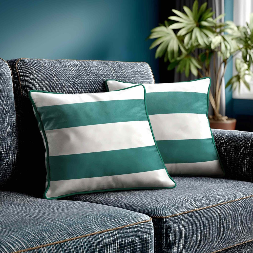 2 Stripes Horizontal | Sustainable Velvet Cushion with Piping - Forest Biome 40 x 40 cm by Izabela Peters