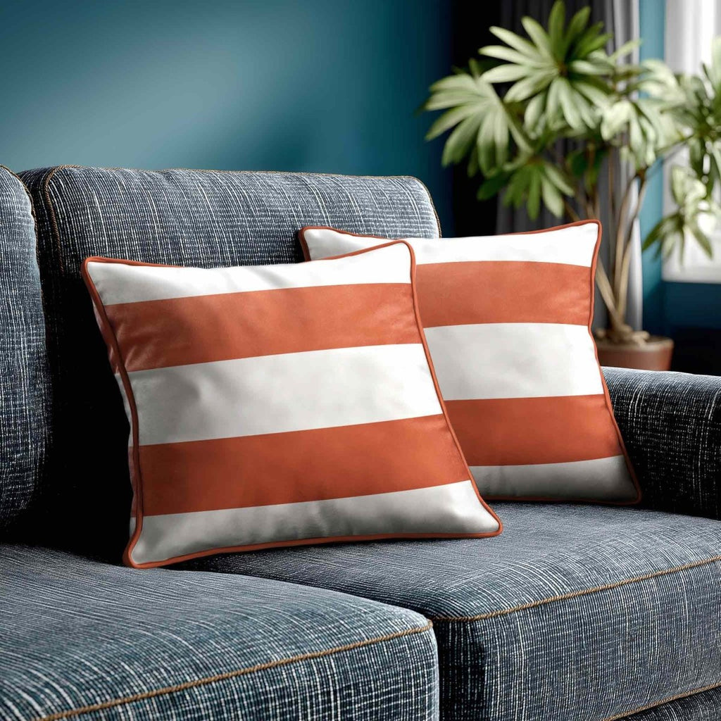 2 Stripes Horizontal | Sustainable Velvet Cushion with Piping - Burnt Ochre 40 x 40 cm by Izabela Peters