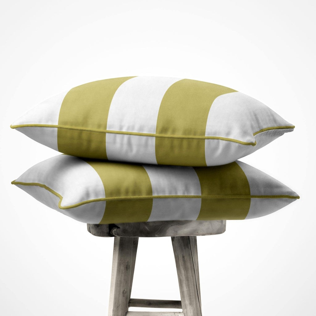 2 Stripes Horizontal | Sustainable Velvet Cushion with Piping - Golden Lime 40 x 40 cm by Izabela Peters