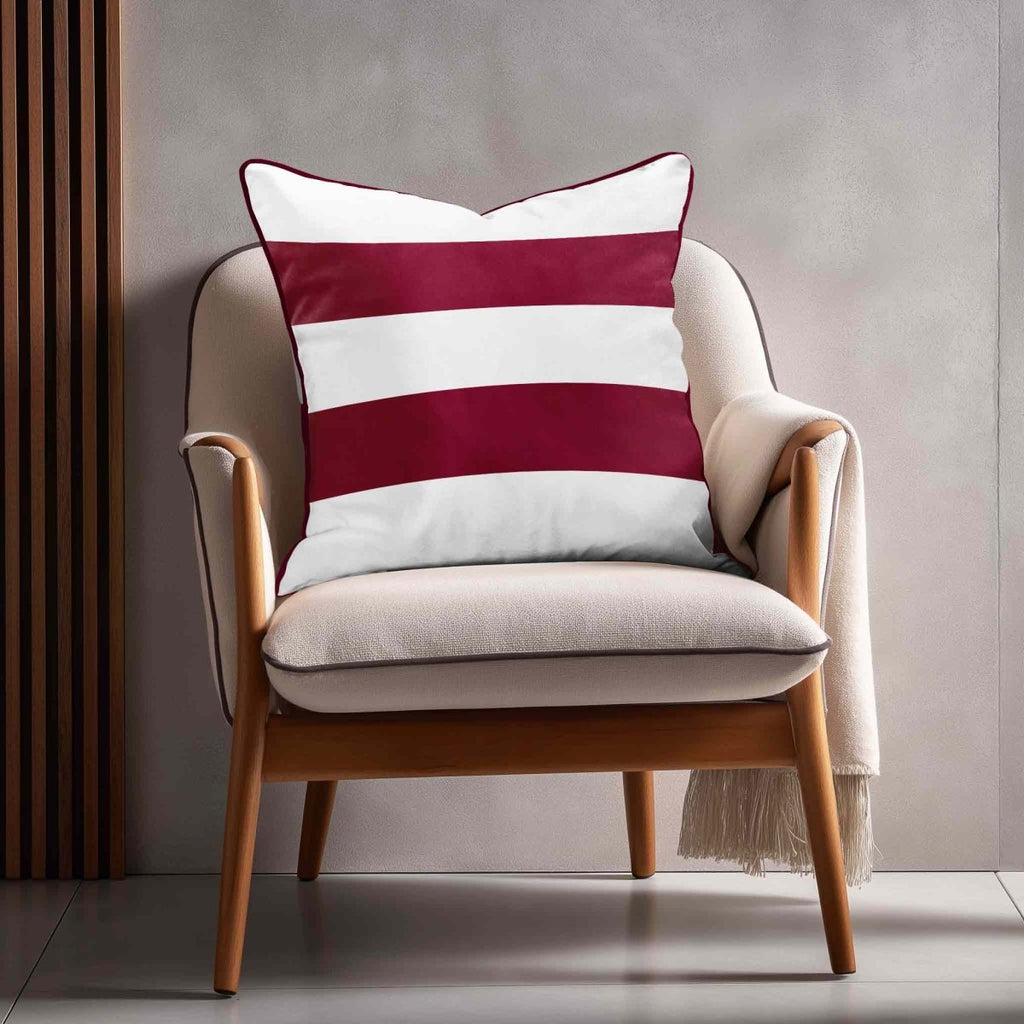 2 Stripes Horizontal | Sustainable Velvet Cushion with Piping - Raspberry Red 40 x 40 cm by Izabela Peters