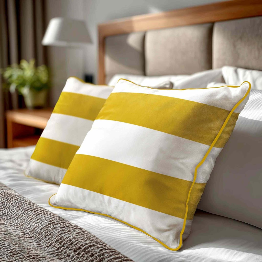 2 Stripes Horizontal | Sustainable Velvet Cushion with Piping - Mustard Ochre 40 x 40 cm by Izabela Peters