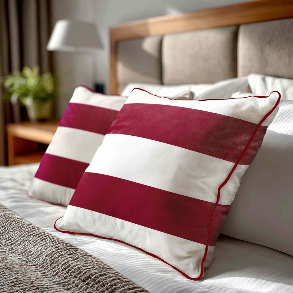 2 Stripes Horizontal | Sustainable Velvet Cushion with Piping - Raspberry Red 40 x 40 cm by Izabela Peters