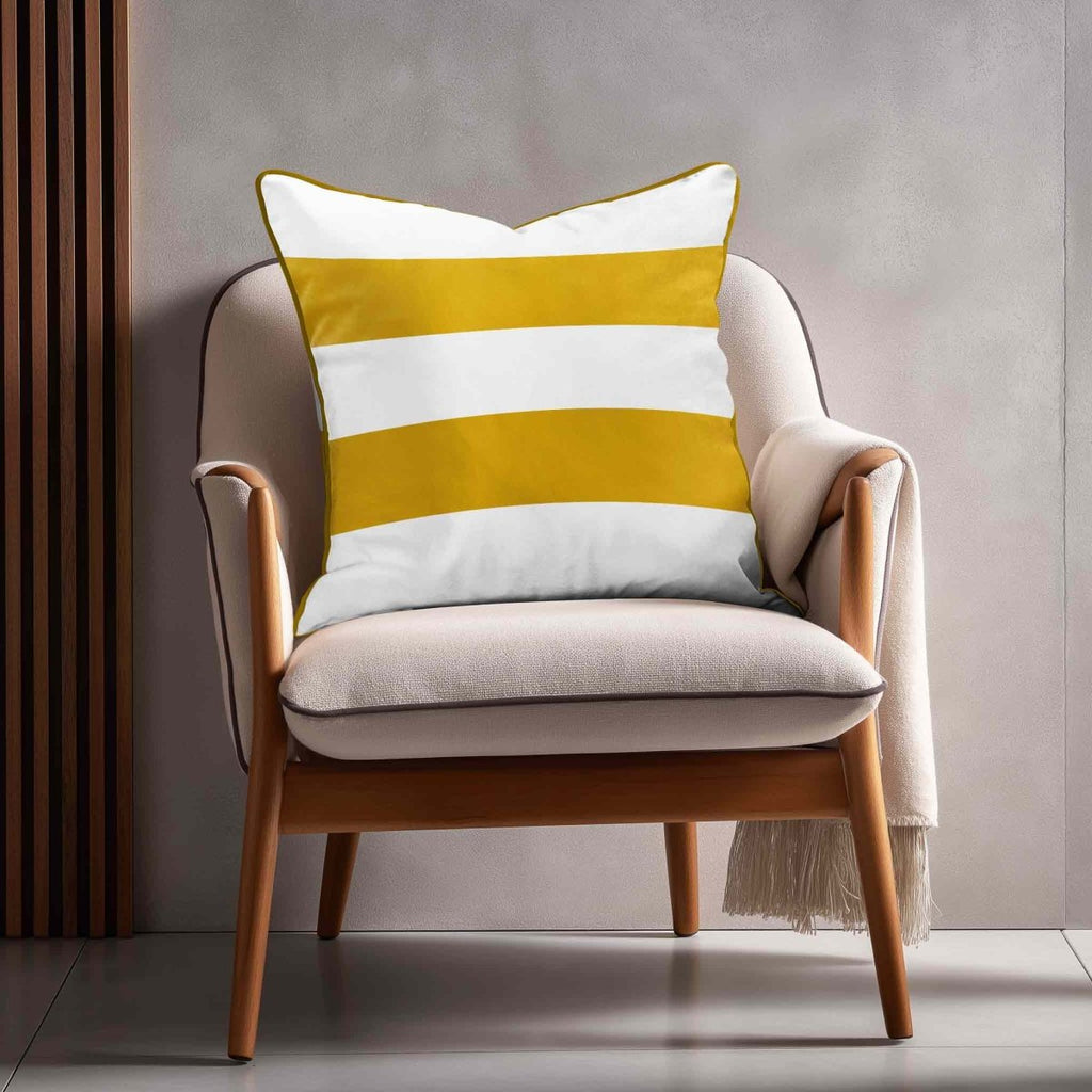 2 Stripes Horizontal | Sustainable Velvet Cushion with Piping - Mustard Ochre 40 x 40 cm by Izabela Peters