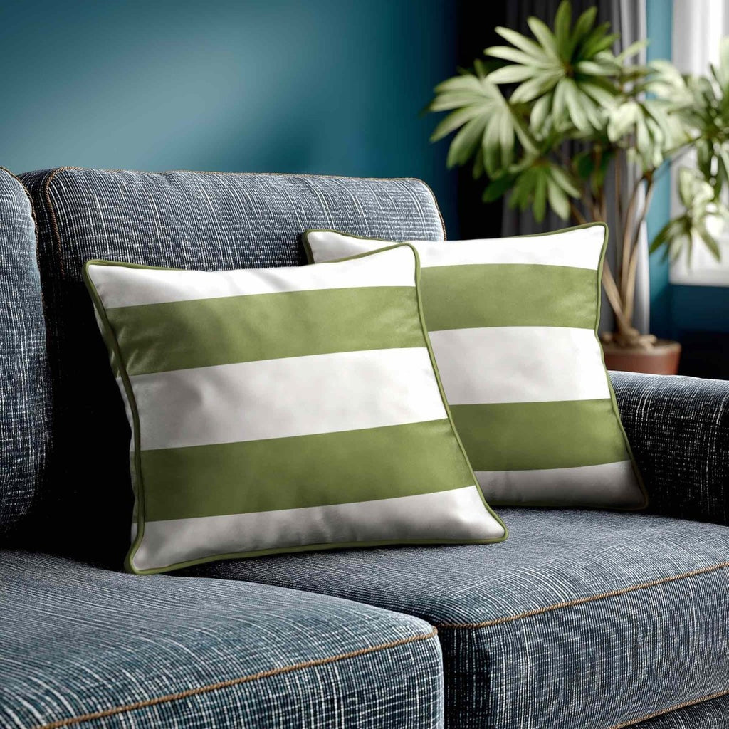 2 Stripes Horizontal | Sustainable Velvet Cushion with Piping - Sage 40 x 40 cm by Izabela Peters