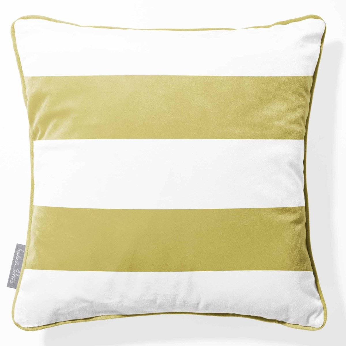 2 Stripes Horizontal | Sustainable Velvet Cushion with Piping - Golden Lime 40 x 40 cm by Izabela Peters
