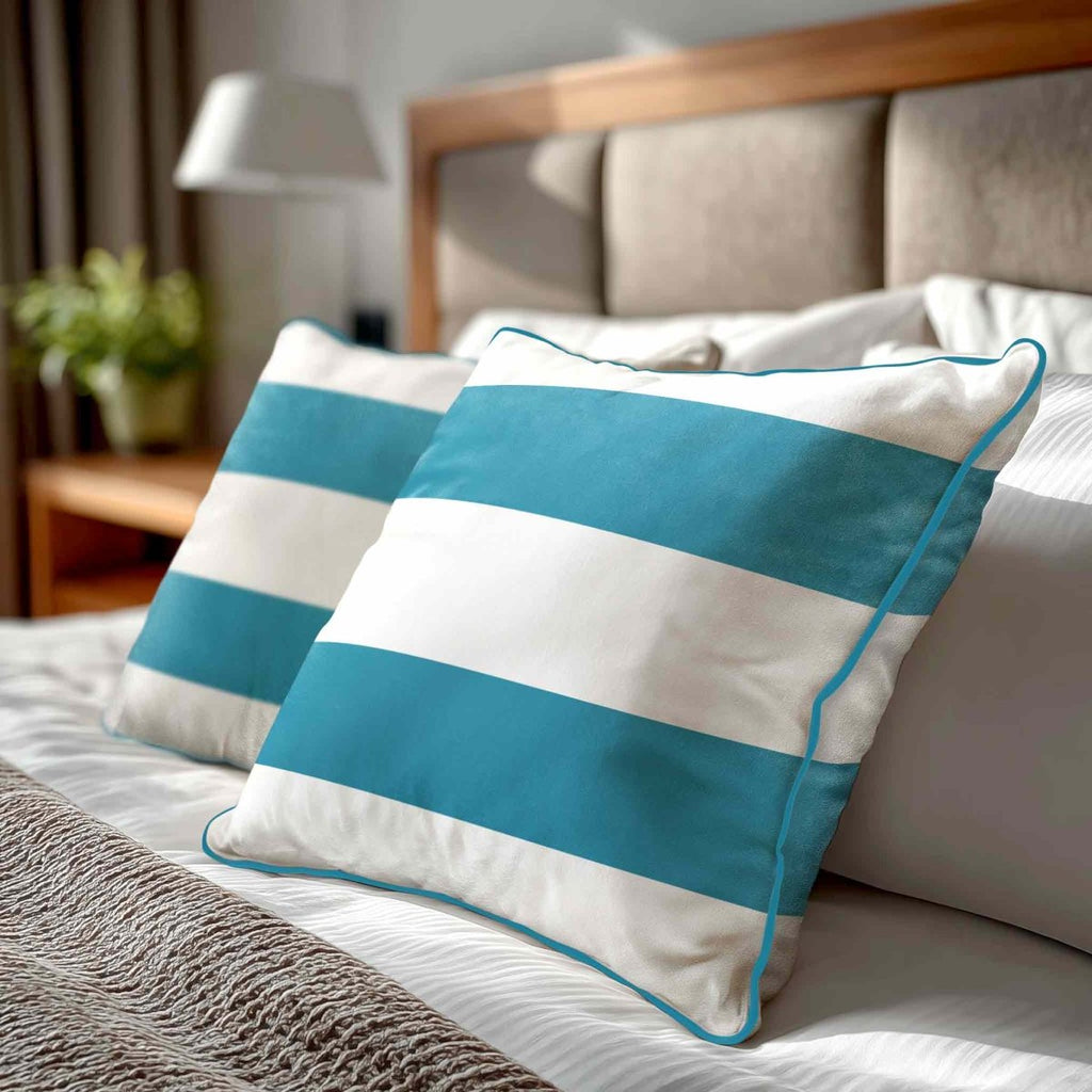 2 Stripes Horizontal | Sustainable Velvet Cushion with Piping - Prussian Blue 40 x 40 cm by Izabela Peters