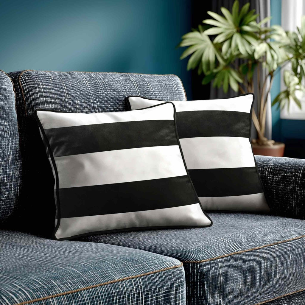 2 Stripes Horizontal | Sustainable Velvet Cushion with Piping - Charcoal 40 x 40 cm by Izabela Peters
