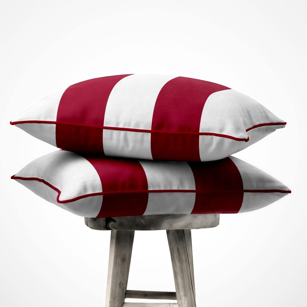 2 Stripes Horizontal | Sustainable Velvet Cushion with Piping - Raspberry Red 40 x 40 cm by Izabela Peters