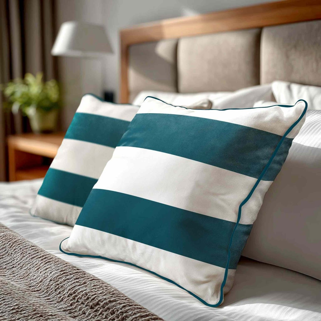 2 Stripes Horizontal | Sustainable Velvet Cushion with Piping - Teal 40 x 40 cm by Izabela Peters