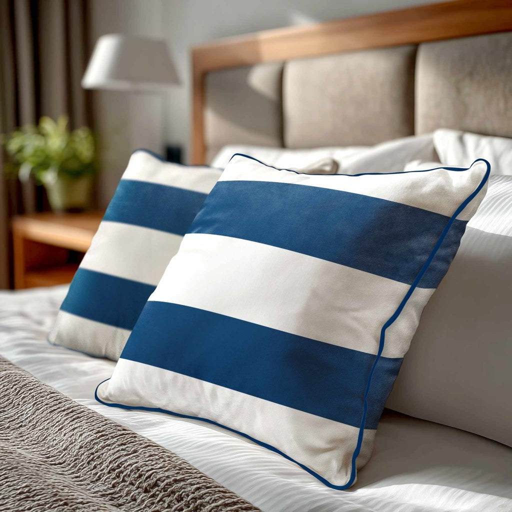 2 Stripes Horizontal | Sustainable Velvet Cushion with Piping - Estate Blue 40 x 40 cm by Izabela Peters