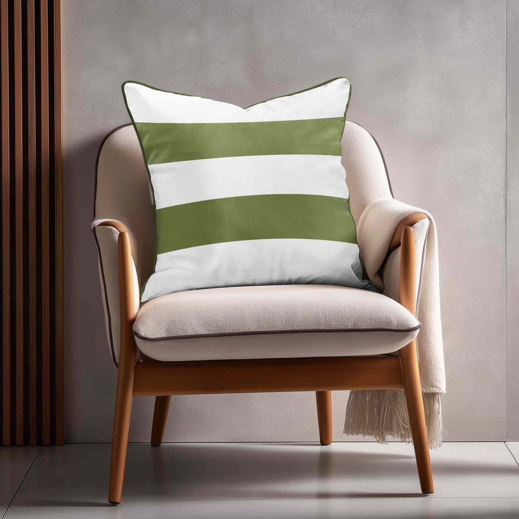 2 Stripes Horizontal | Sustainable Velvet Cushion with Piping - Sage 40 x 40 cm by Izabela Peters