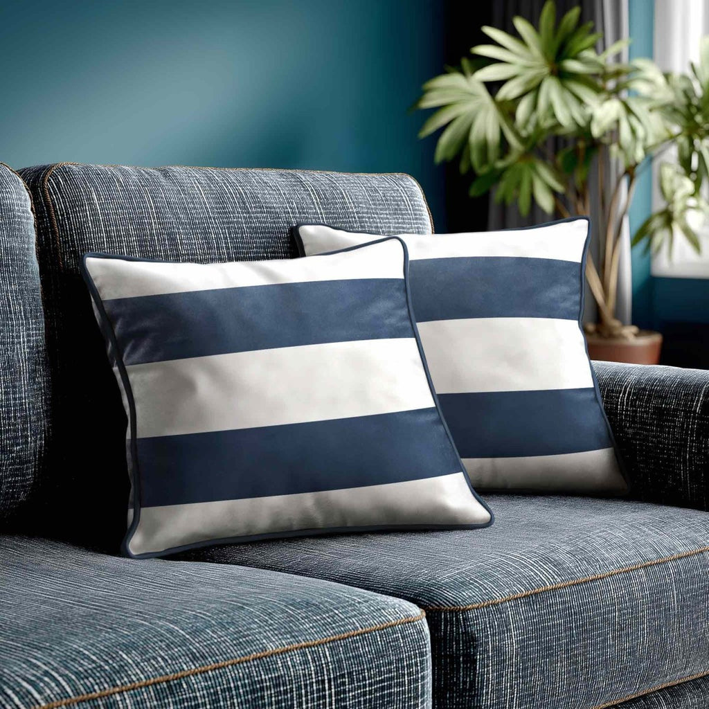 2 Stripes Horizontal | Sustainable Velvet Cushion with Piping - Petrol Blue 40 x 40 cm by Izabela Peters