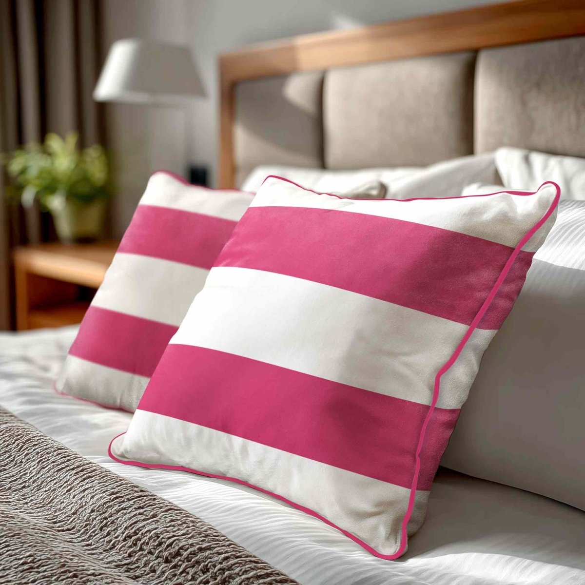 2 Stripes Horizontal | Sustainable Velvet Cushion with Piping - Hot Pink 40 x 40 cm by Izabela Peters