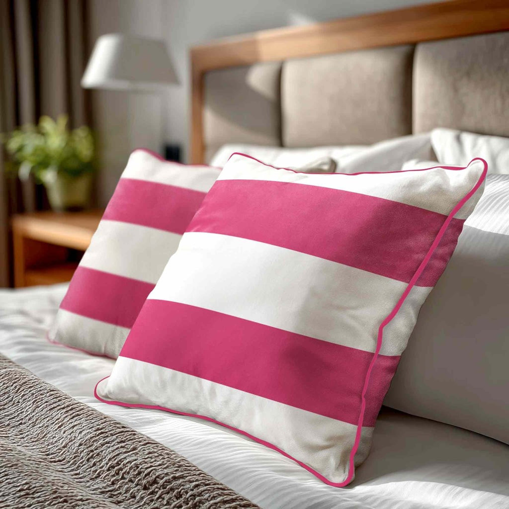 2 Stripes Horizontal | Sustainable Velvet Cushion with Piping - Hot Pink 40 x 40 cm by Izabela Peters