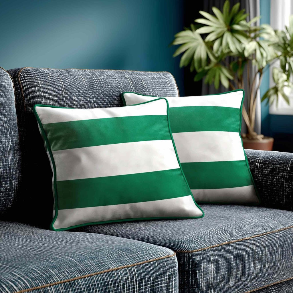 2 Stripes Horizontal | Sustainable Velvet Cushion with Piping - Emerald Green 40 x 40 cm by Izabela Peters