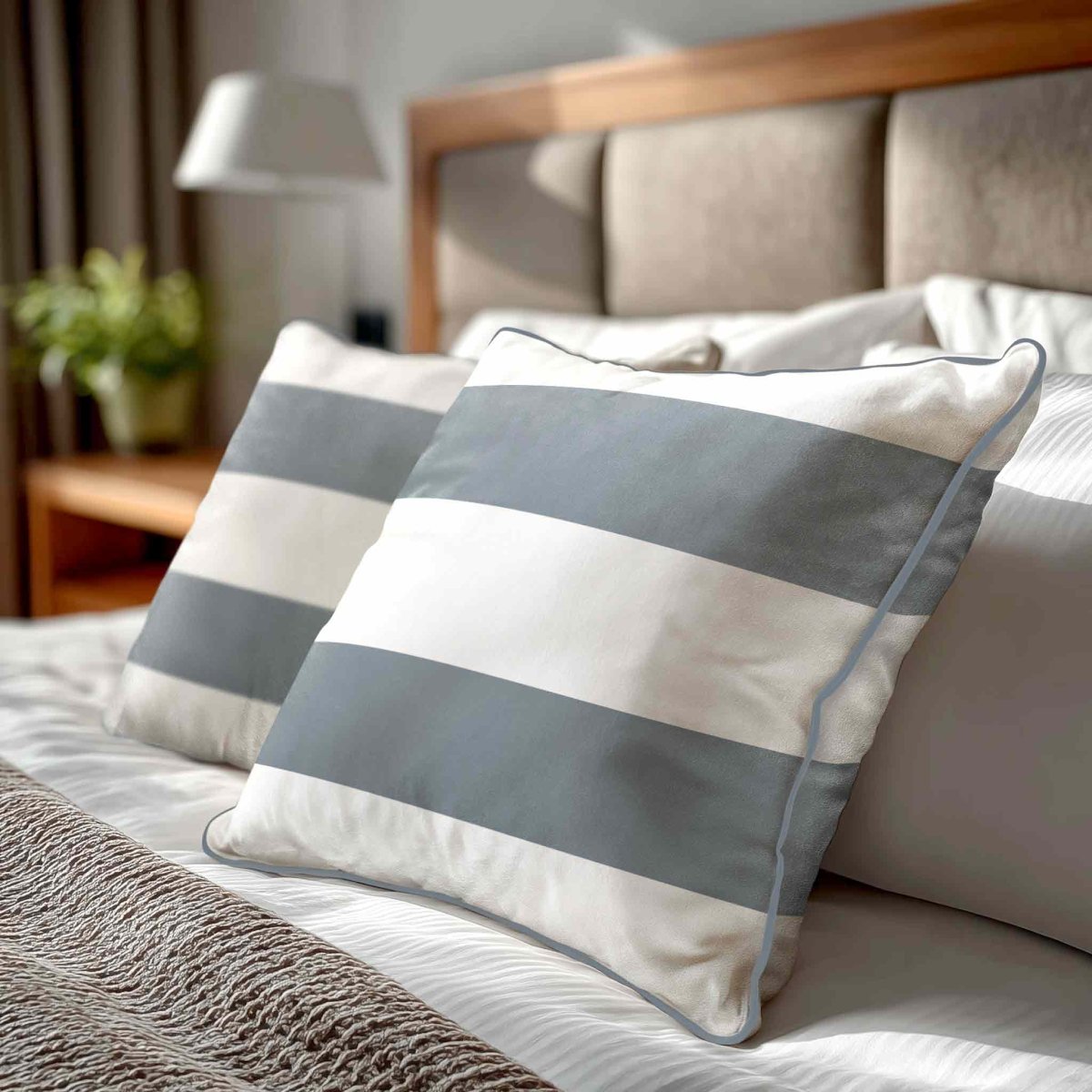 2 Stripes Horizontal | Sustainable Velvet Cushion with Piping - French Grey 40 x 40 cm by Izabela Peters