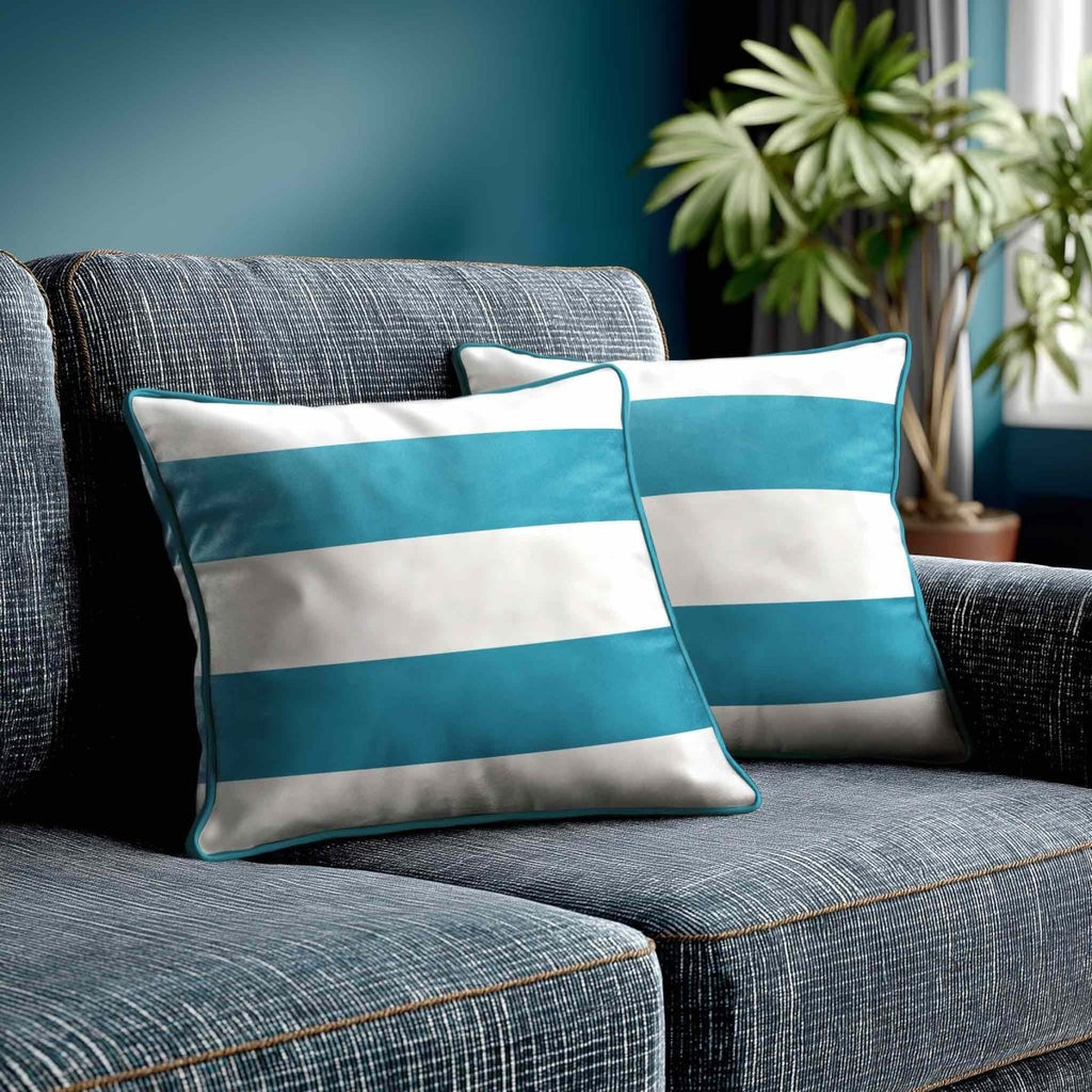 2 Stripes Horizontal | Sustainable Velvet Cushion with Piping - Prussian Blue 40 x 40 cm by Izabela Peters