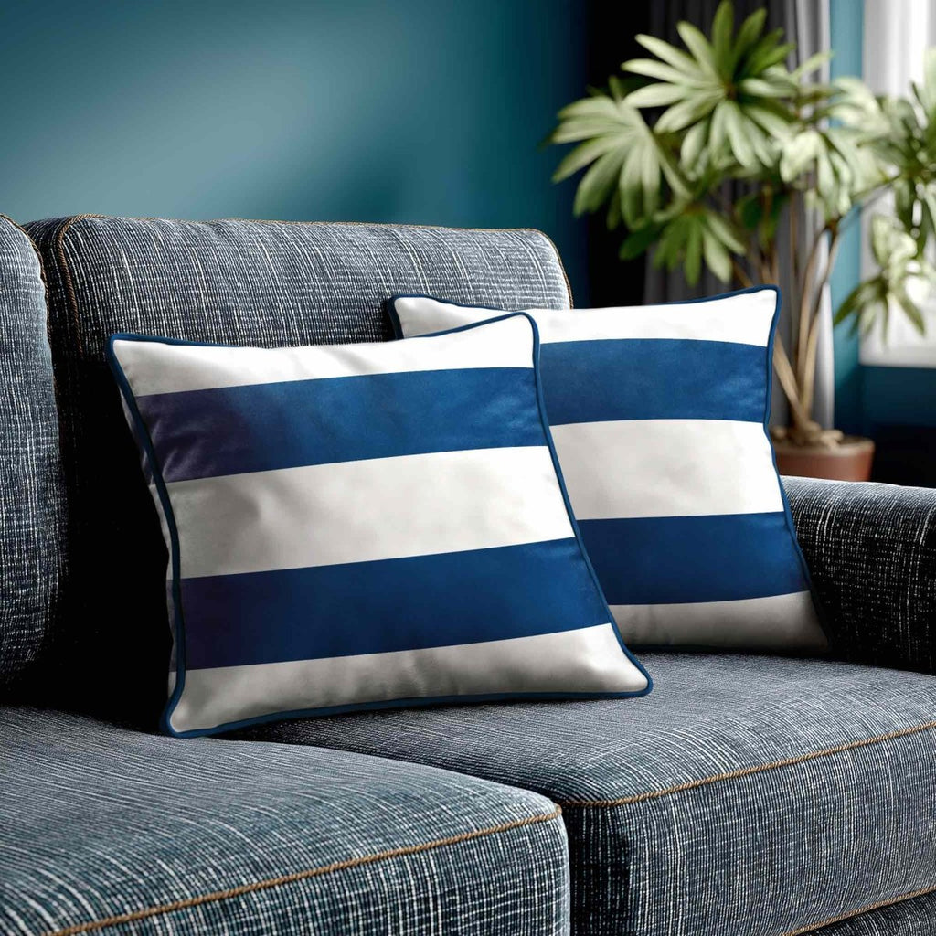 2 Stripes Horizontal | Sustainable Velvet Cushion with Piping - Estate Blue 40 x 40 cm by Izabela Peters