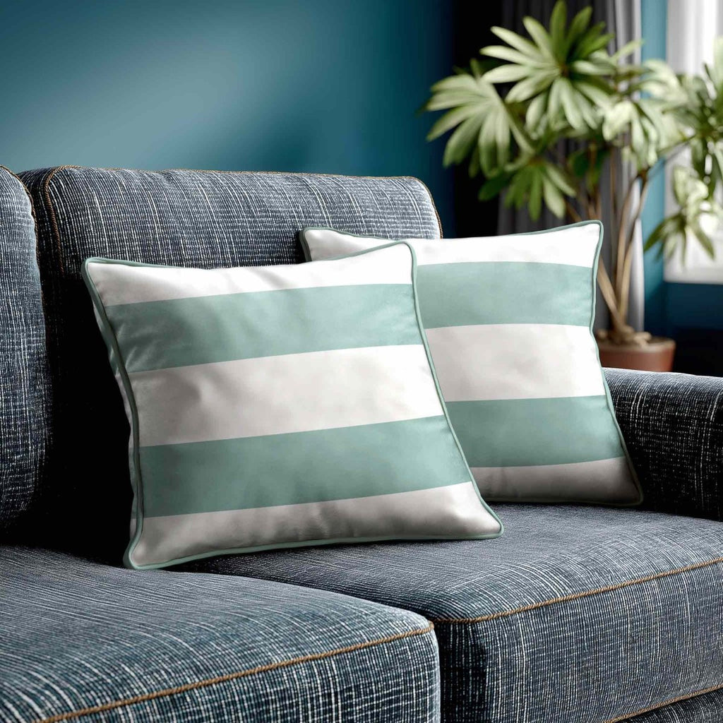 2 Stripes Horizontal | Sustainable Velvet Cushion with Piping - Blue Surf 40 x 40 cm by Izabela Peters