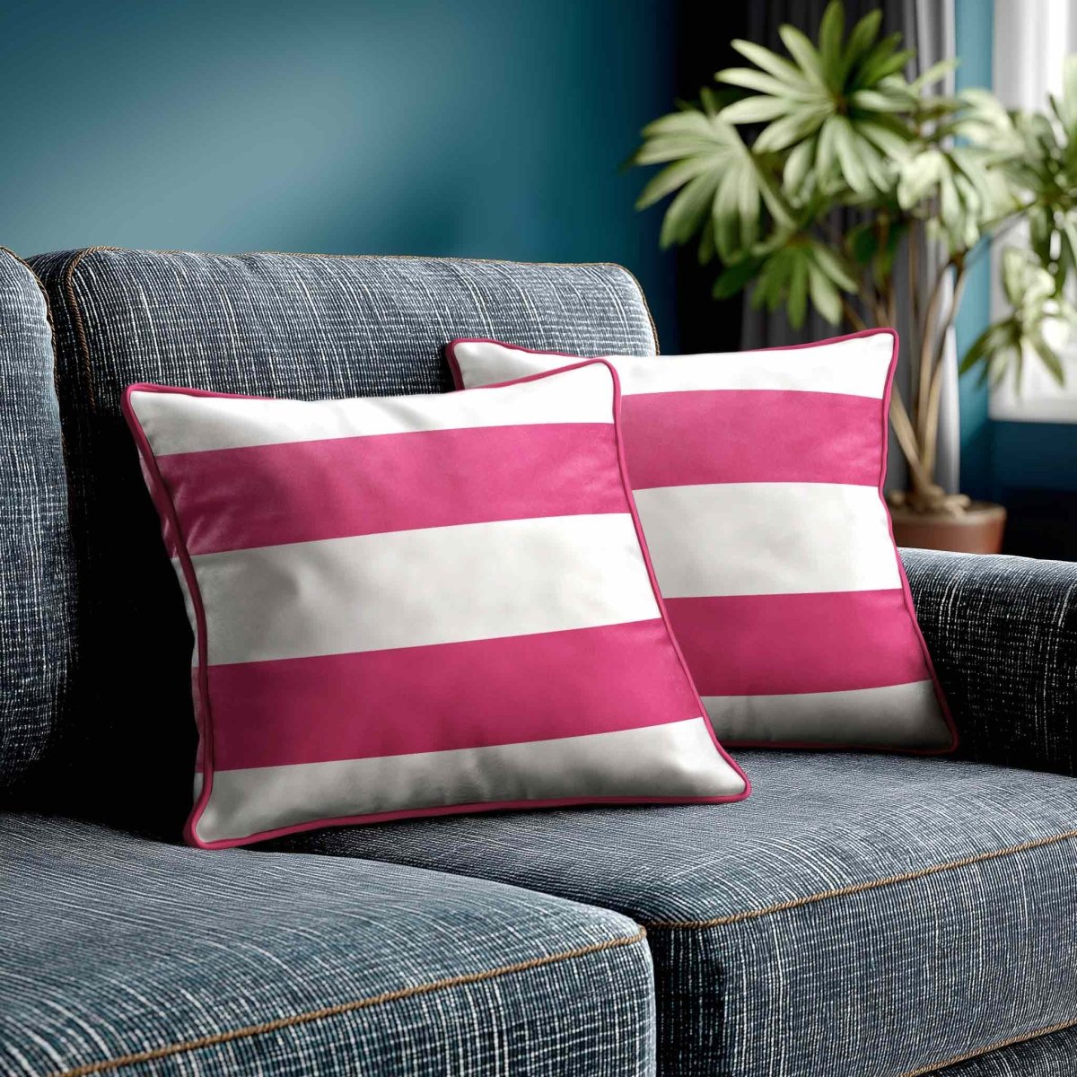 2 Stripes Horizontal | Sustainable Velvet Cushion with Piping - Hot Pink 40 x 40 cm by Izabela Peters