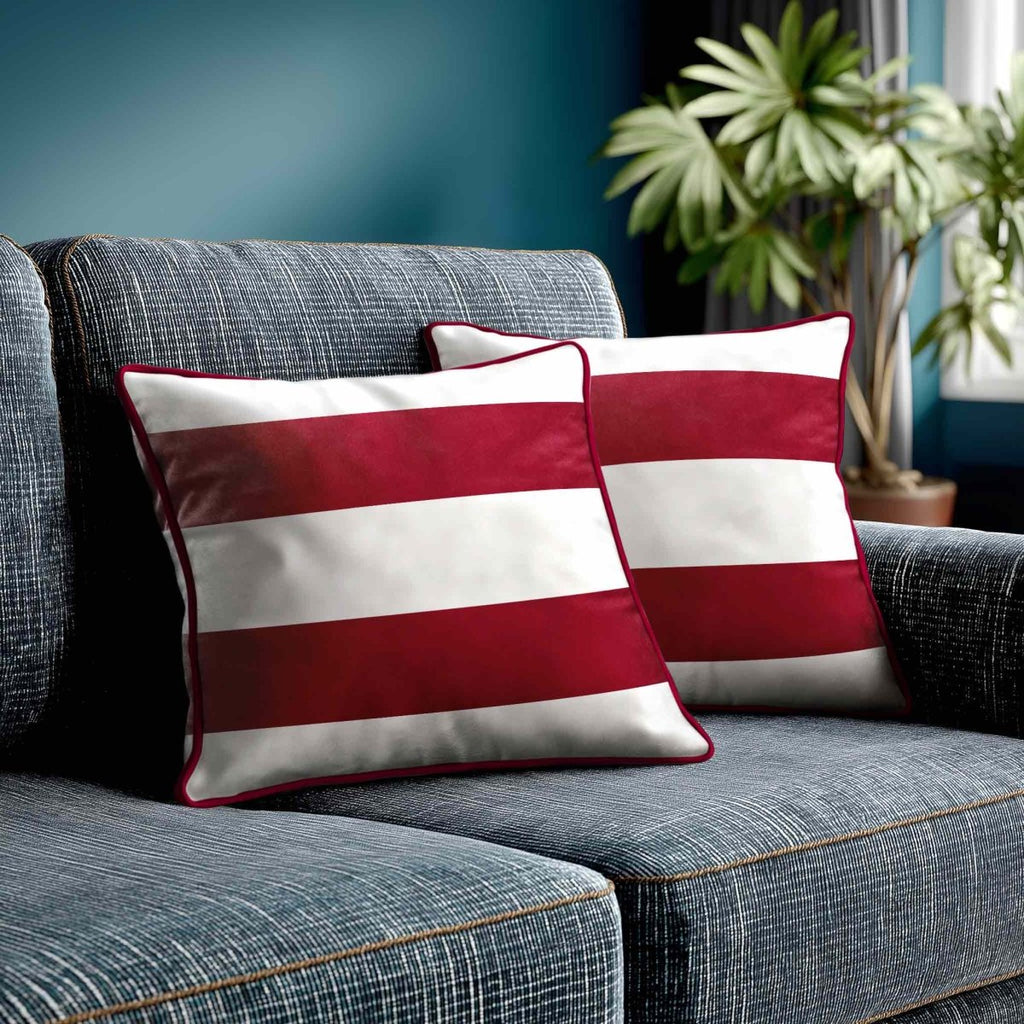 2 Stripes Horizontal | Sustainable Velvet Cushion with Piping - Raspberry Red 40 x 40 cm by Izabela Peters