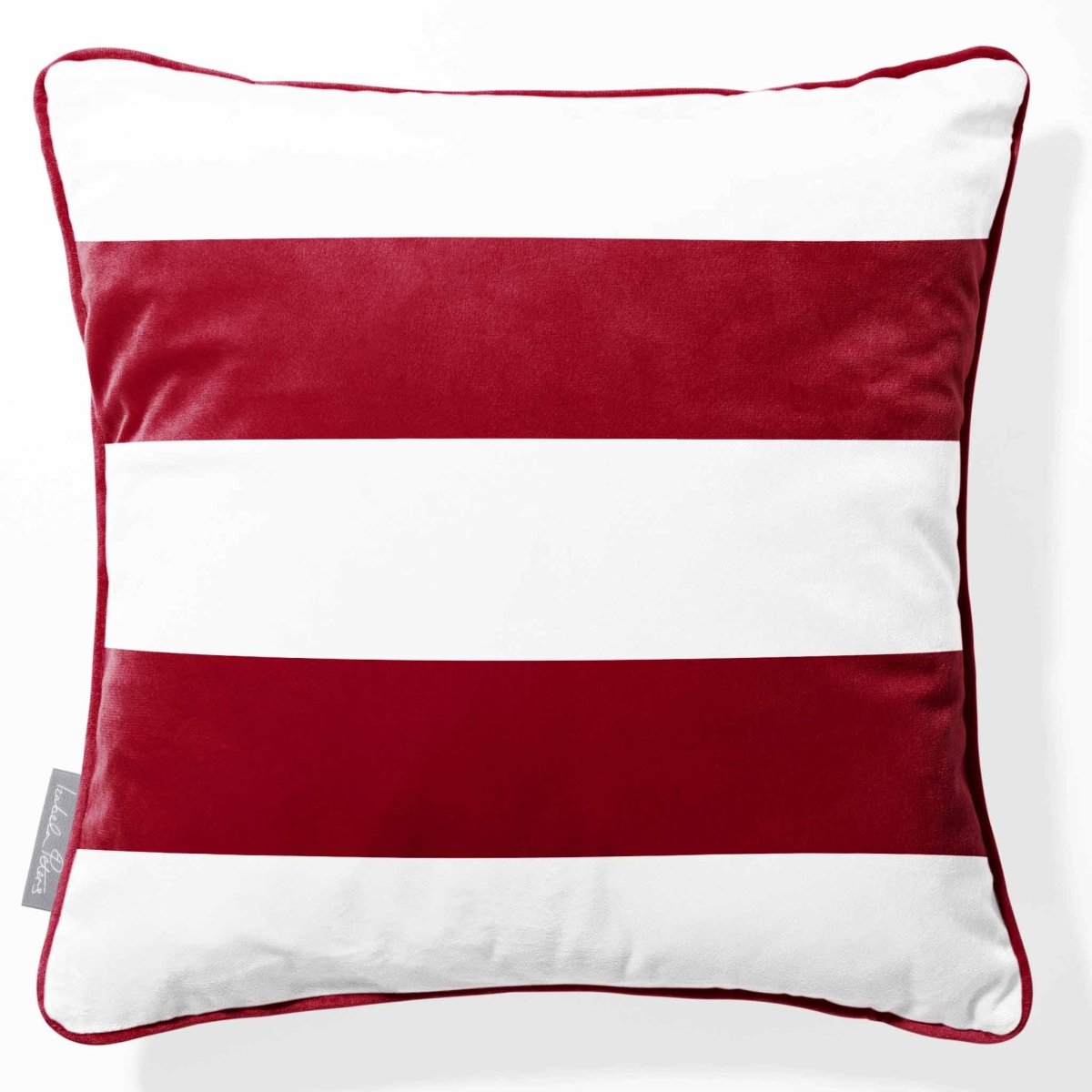 2 Stripes Horizontal | Sustainable Velvet Cushion with Piping - Raspberry Red 40 x 40 cm by Izabela Peters
