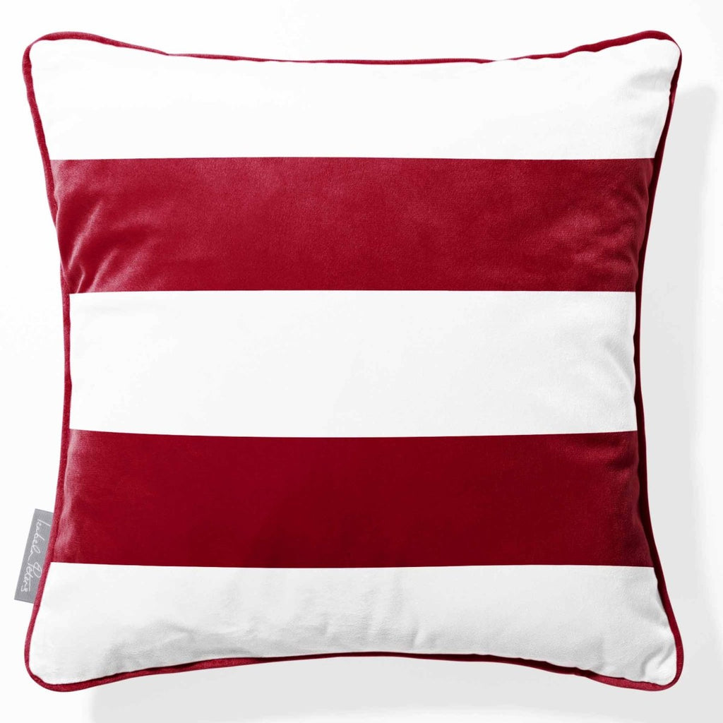 2 Stripes Horizontal | Sustainable Velvet Cushion with Piping - Raspberry Red 40 x 40 cm by Izabela Peters