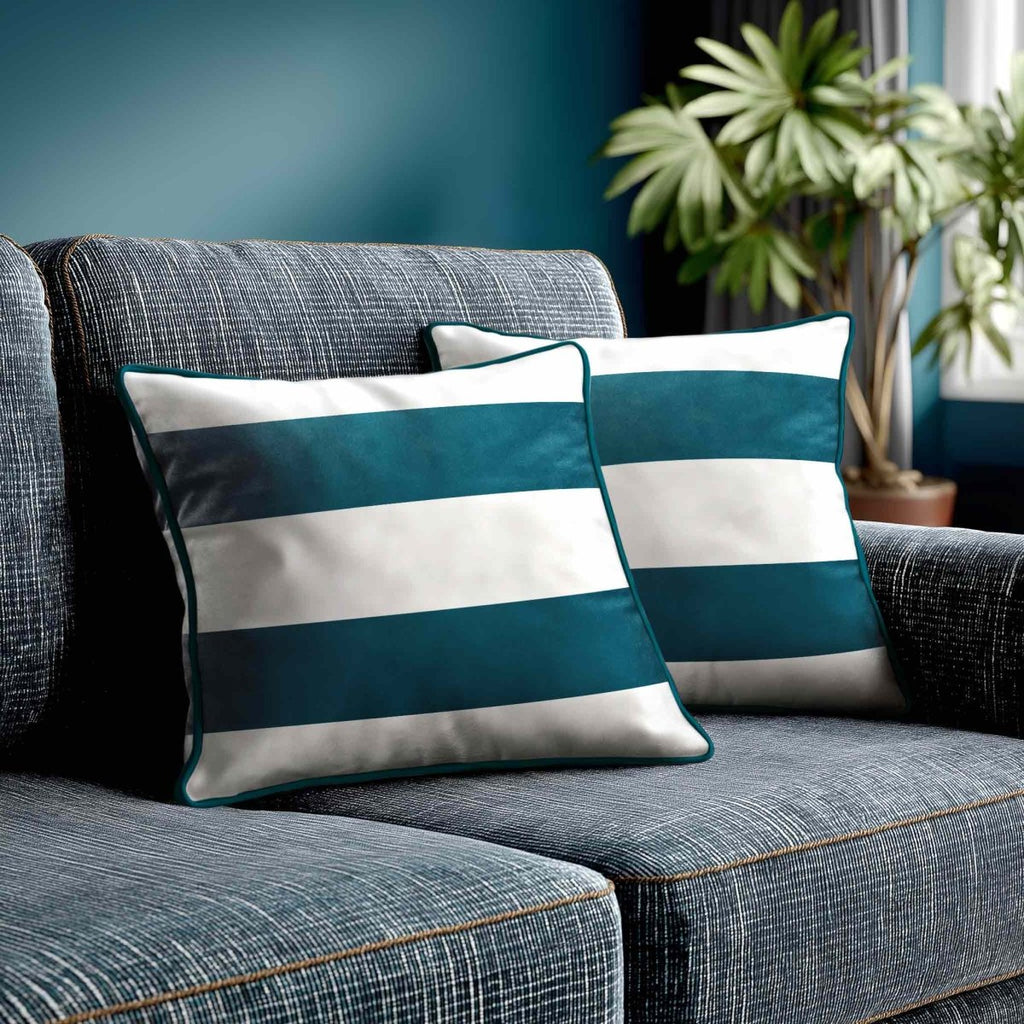 2 Stripes Horizontal | Sustainable Velvet Cushion with Piping - Teal 40 x 40 cm by Izabela Peters