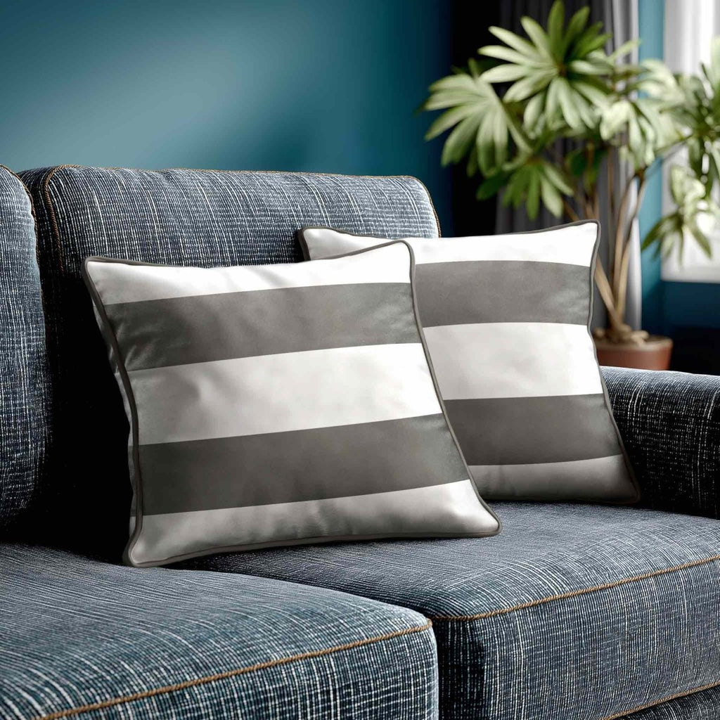 2 Stripes Horizontal | Sustainable Velvet Cushion with Piping - Beluga 40 x 40 cm by Izabela Peters