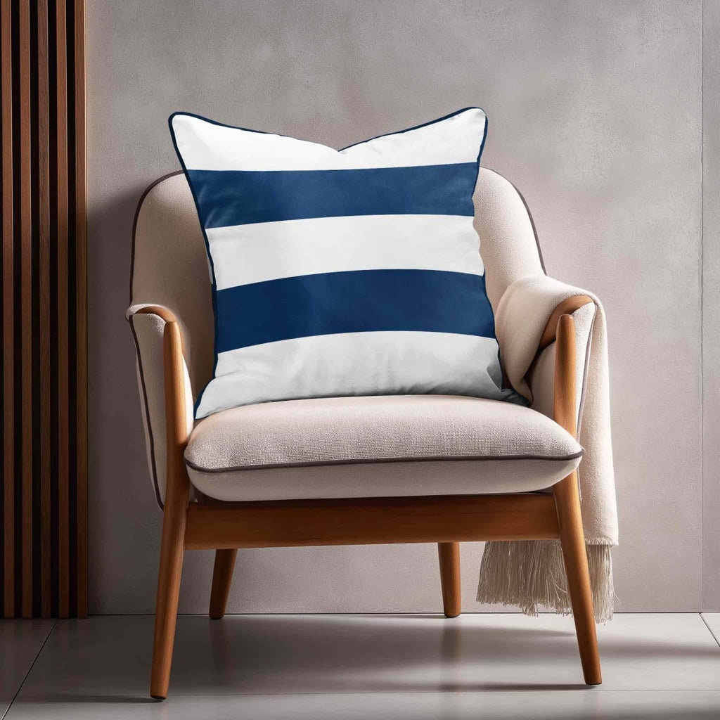 2 Stripes Horizontal | Sustainable Velvet Cushion with Piping - Estate Blue 40 x 40 cm by Izabela Peters