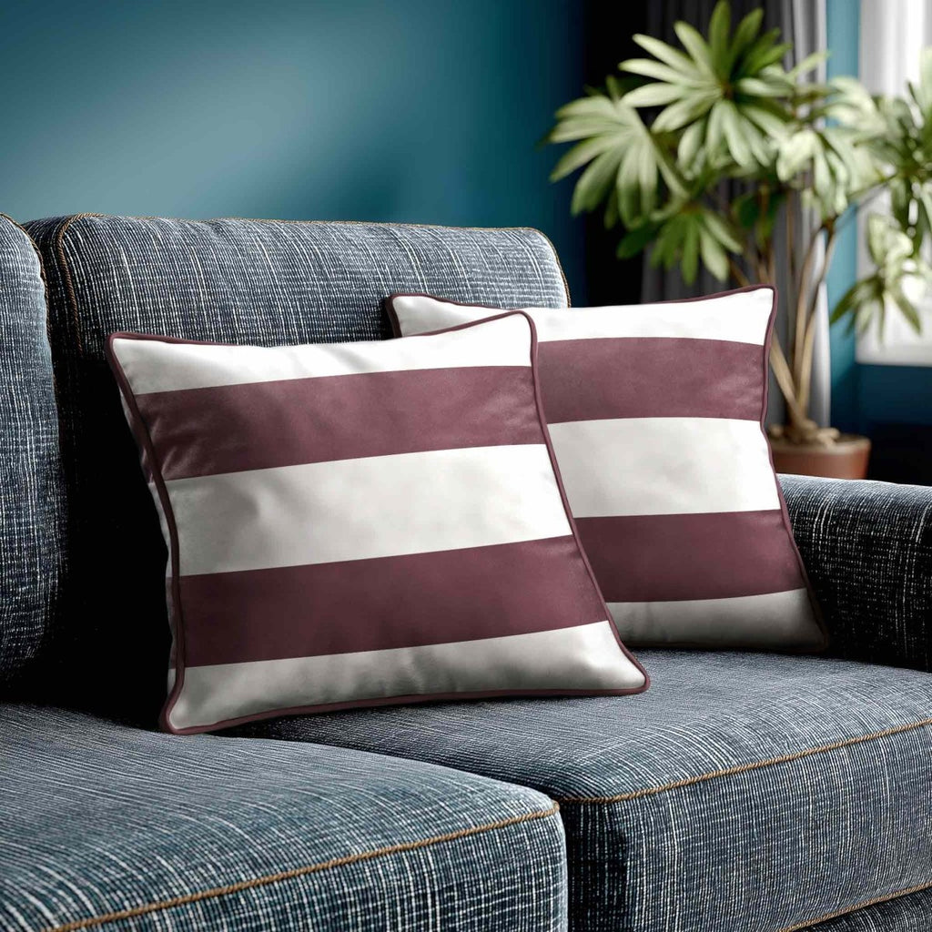 2 Stripes Horizontal | Sustainable Velvet Cushion with Piping - Italian Grape 40 x 40 cm by Izabela Peters