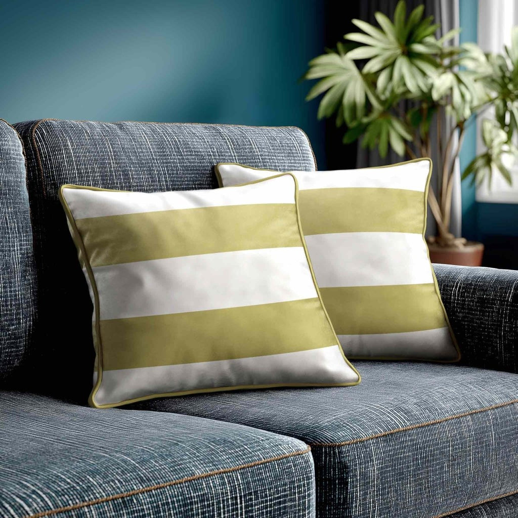 2 Stripes Horizontal | Sustainable Velvet Cushion with Piping - Golden Lime 40 x 40 cm by Izabela Peters