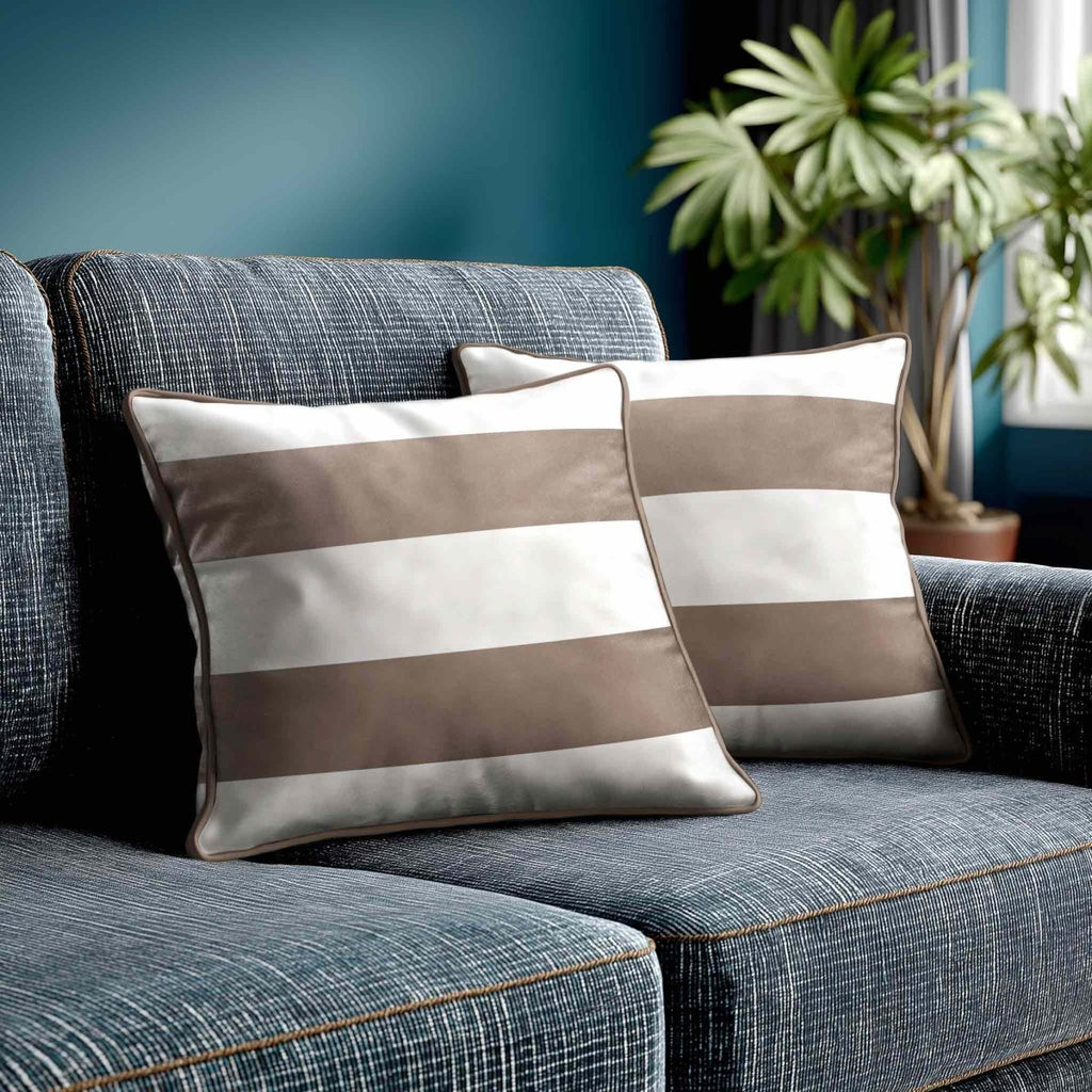 2 Stripes Horizontal | Sustainable Velvet Cushion with Piping - Dovedale Stone 40 x 40 cm by Izabela Peters