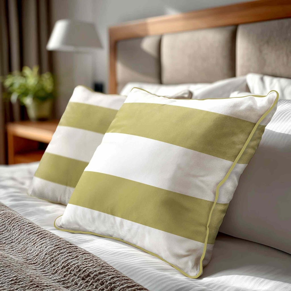 2 Stripes Horizontal | Sustainable Velvet Cushion with Piping - Golden Lime 40 x 40 cm by Izabela Peters
