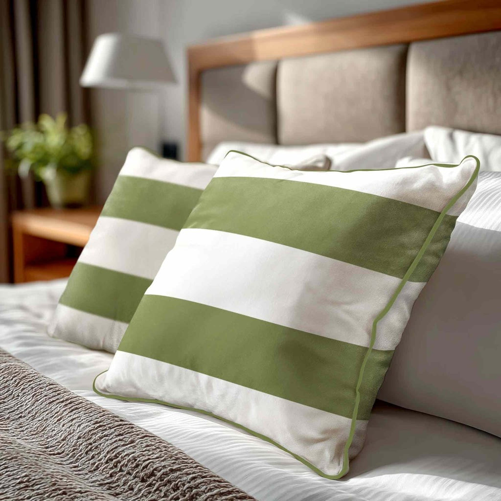 2 Stripes Horizontal | Sustainable Velvet Cushion with Piping - Sage 40 x 40 cm by Izabela Peters