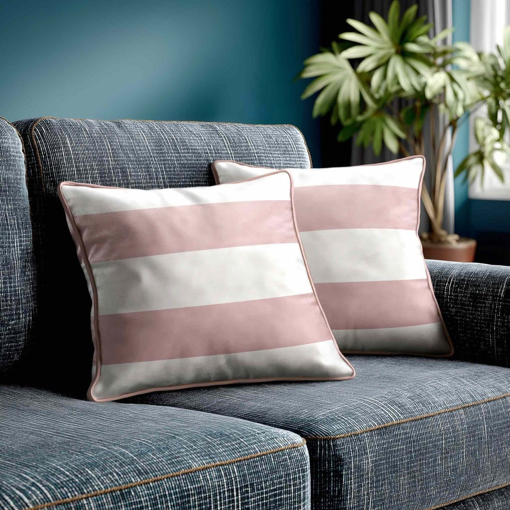 2 Stripes Horizontal | Sustainable Velvet Cushion with Piping - Rosewater 40 x 40 cm by Izabela Peters