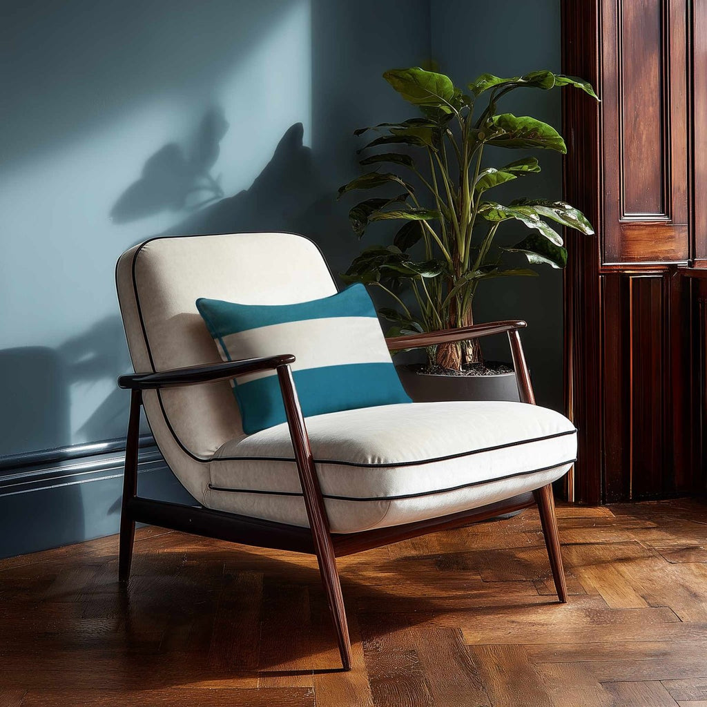 2 Stripes Horizontal with Piping | Sustainable Velvet Rectangle Cushion - Prussian Blue 50 x 30 cm by Izabela Peters