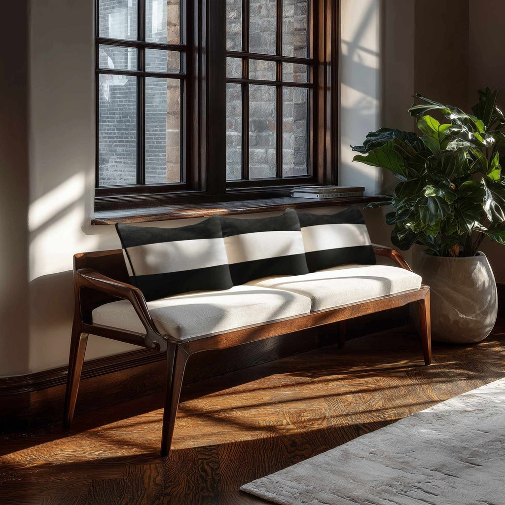 2 Stripes Horizontal with Piping | Sustainable Velvet Rectangle Cushion - Charcoal 50 x 30 cm by Izabela Peters