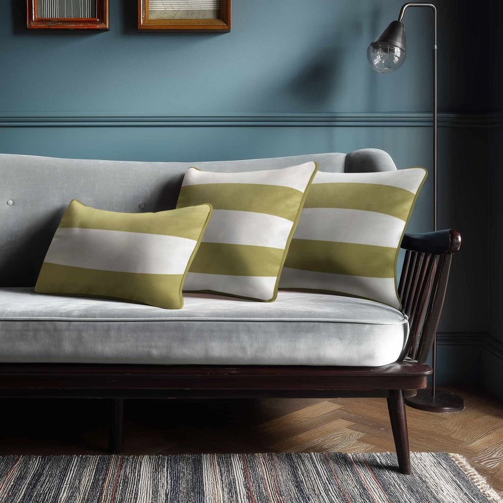 2 Stripes Horizontal with Piping | Sustainable Velvet Rectangle Cushion - Golden Lime 50 x 30 cm by Izabela Peters