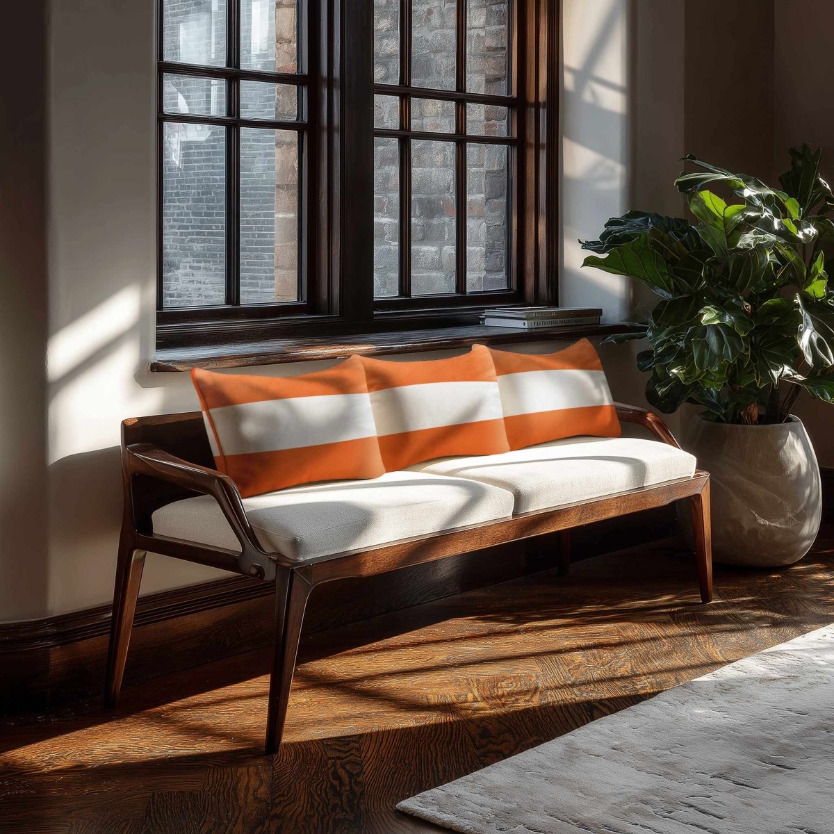 2 Stripes Horizontal with Piping | Sustainable Velvet Rectangle Cushion - Burnt Orange 50 x 30 cm by Izabela Peters