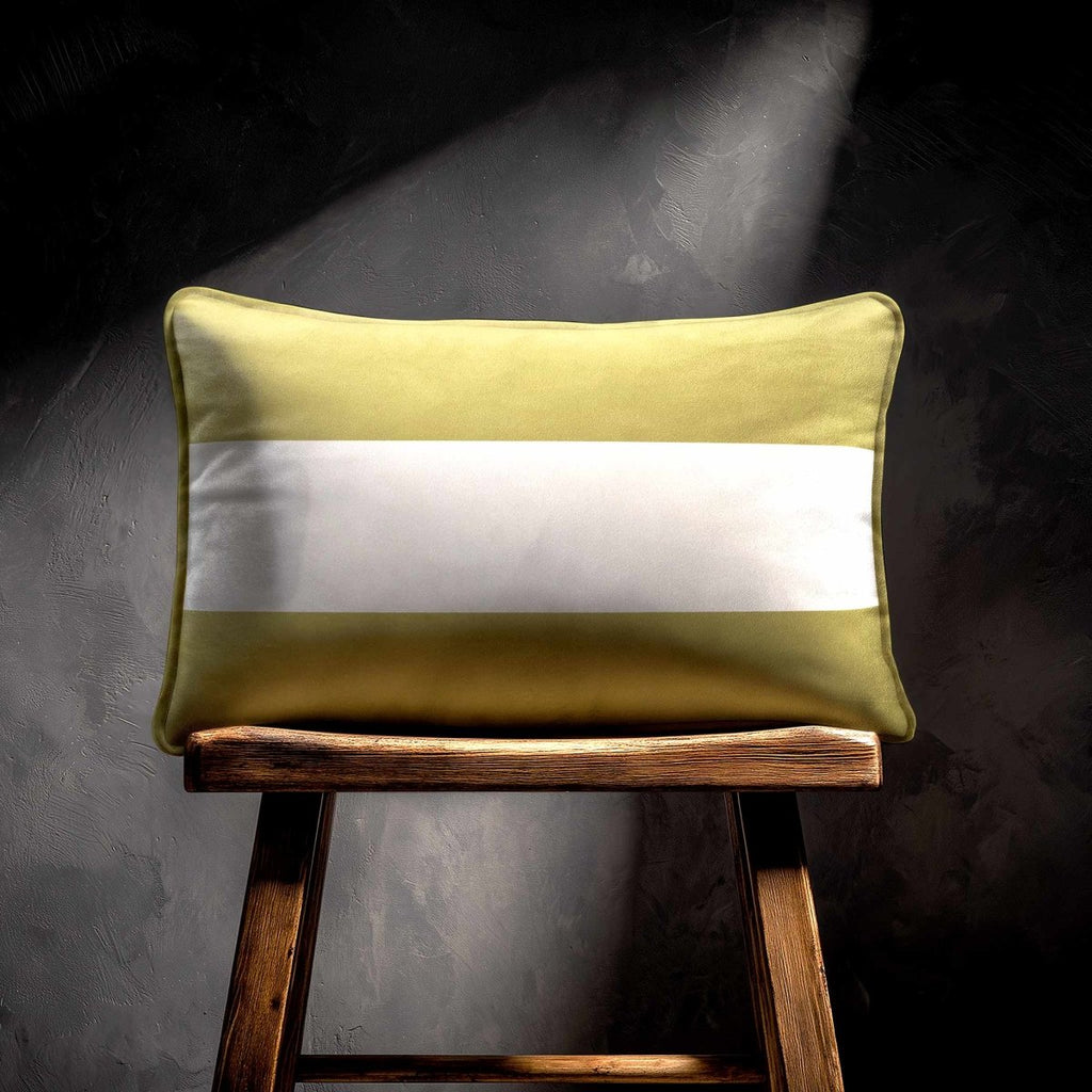 2 Stripes Horizontal with Piping | Sustainable Velvet Rectangle Cushion - Golden Lime 50 x 30 cm by Izabela Peters