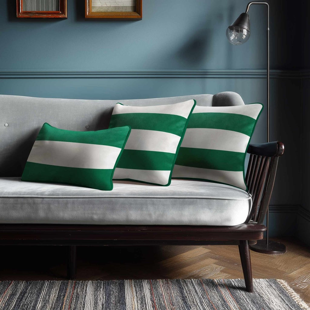 2 Stripes Horizontal with Piping | Sustainable Velvet Rectangle Cushion - Emerald Green 50 x 30 cm by Izabela Peters