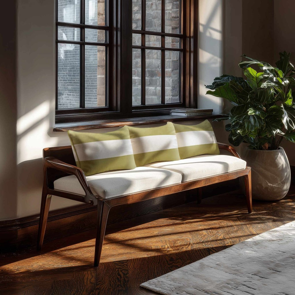 2 Stripes Horizontal with Piping | Sustainable Velvet Rectangle Cushion - Golden Lime 50 x 30 cm by Izabela Peters