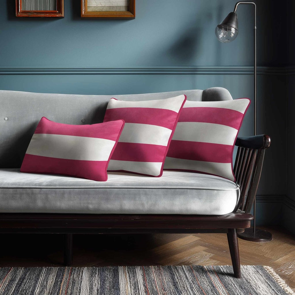 2 Stripes Horizontal with Piping | Sustainable Velvet Rectangle Cushion - Hot Pink 50 x 30 cm by Izabela Peters