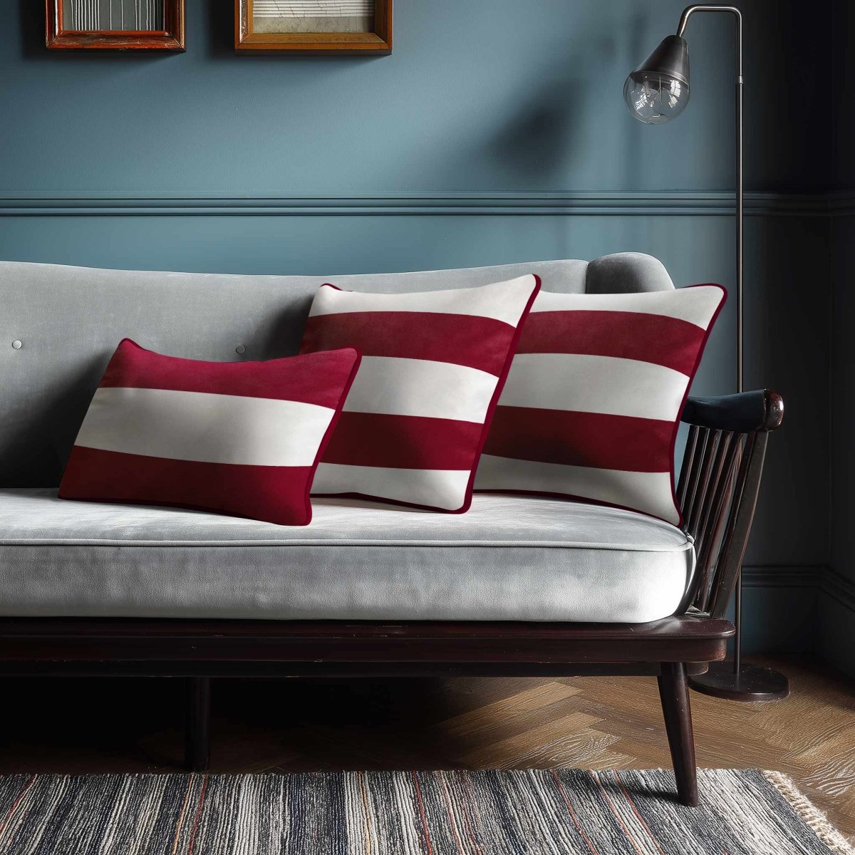 2 Stripes Horizontal with Piping | Sustainable Velvet Rectangle Cushion - Raspberry Red 50 x 30 cm by Izabela Peters