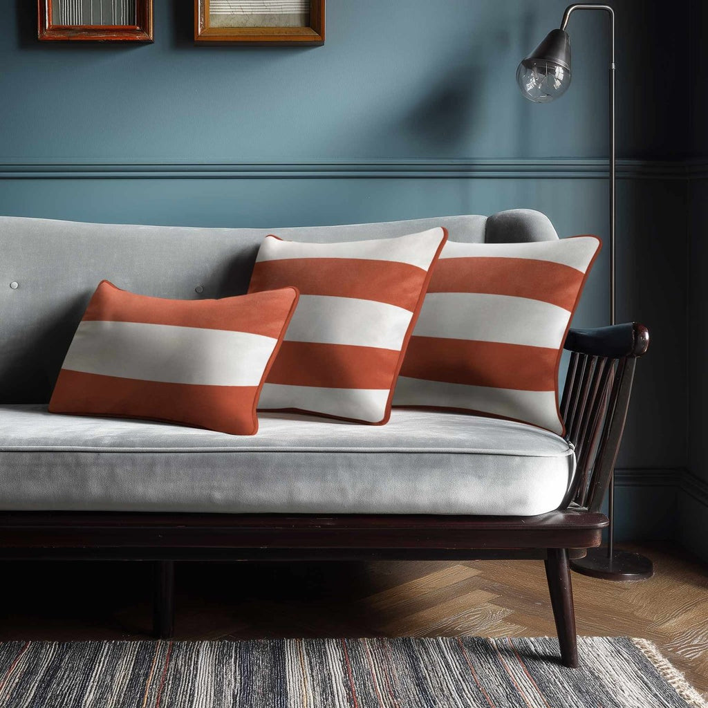 2 Stripes Horizontal with Piping | Sustainable Velvet Rectangle Cushion - Burnt Ochre 50 x 30 cm by Izabela Peters