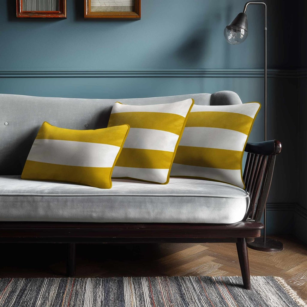 2 Stripes Horizontal with Piping | Sustainable Velvet Rectangle Cushion - Mustard Ochre 50 x 30 cm by Izabela Peters