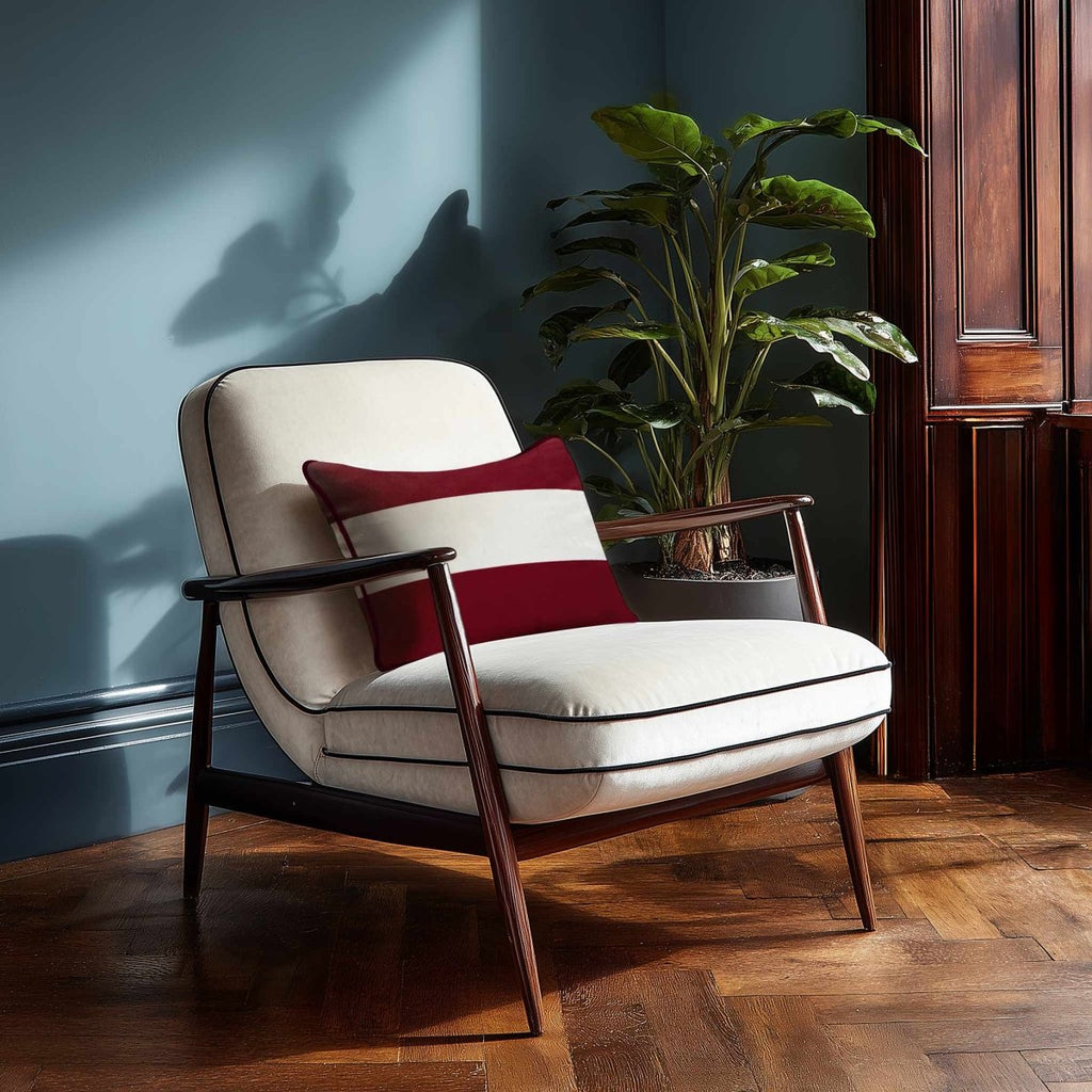 2 Stripes Horizontal with Piping | Sustainable Velvet Rectangle Cushion - Raspberry Red 50 x 30 cm by Izabela Peters