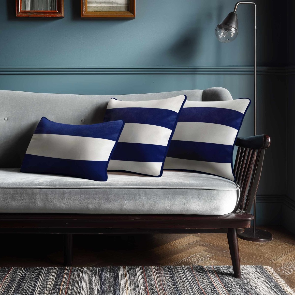 2 Stripes Horizontal with Piping | Sustainable Velvet Rectangle Cushion - Midnight 50 x 30 cm by Izabela Peters